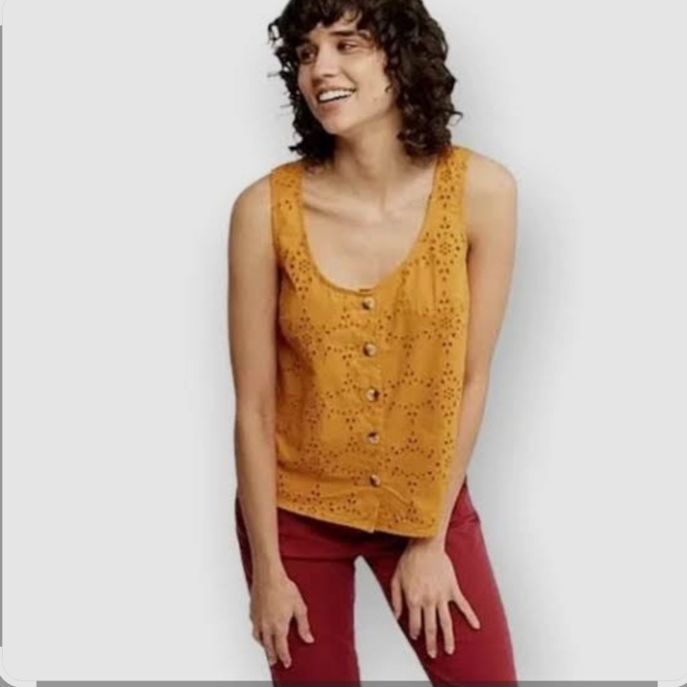 Fat Face Tia Broderie Embroidered Button Cotton Cami Size 6 Yellow